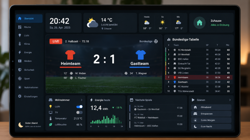 Home-Assistant-Dashboard auf Tablet oder Monitor mit Fußball-Spielstand und Bundesliga-Tabelle.